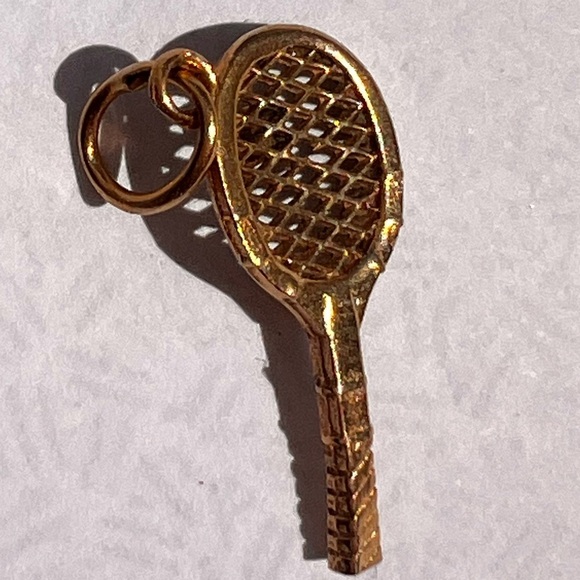 Vintage 14kt Two Tone Yellow Gold Diamond Tennis Racket Charm Pendant - Picture 4 of 5